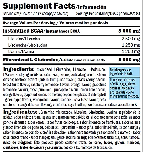 Amix - Glutamina + Bcaa - Suplemento Alimenticio - Mejora del Rendimiento - Contiene Aminoácidos Bcaa - Glutamina en Polvo - Nutrición Deportiva - Sabor a Lima / Limón - Bote de 1 Kg