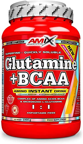 Amix - Glutamina + Bcaa - Suplemento Alimenticio - Mejora del Rendimiento - Contiene Aminoácidos Bcaa - Glutamina en Polvo - Nutrición Deportiva - Sabor a Naranja - Bote de 1 Kg