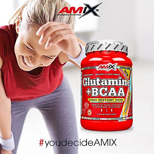 Amix - Glutamina + Bcaa - Suplemento Alimenticio - Mejora del Rendimiento - Contiene Aminoácidos Bcaa - Glutamina en Polvo - Nutrición Deportiva - Sabor a Naranja - Bote de 1 Kg