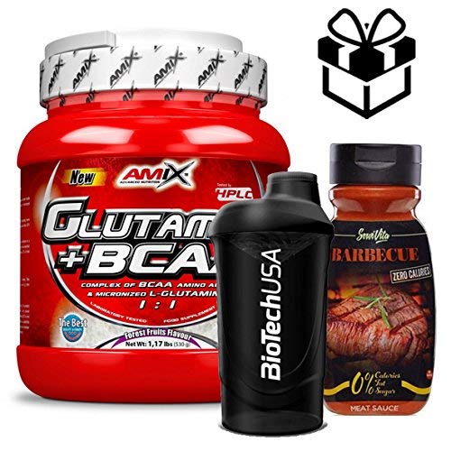 Amix Glutamine + BCAA 530 gr - frutas del bosque + Mezclador y Salsa BBQ