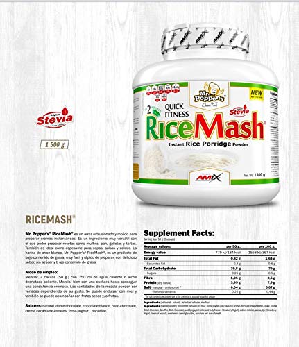 AMIX - Harina de Arroz Blanco - RiceMash Mr Poppers - 1500 Gr - Alimento Bajo en Grasa - Endulzado con Stevia - Ideal para Recetas Fitness - Alimentos Dieta Sin Azúcar