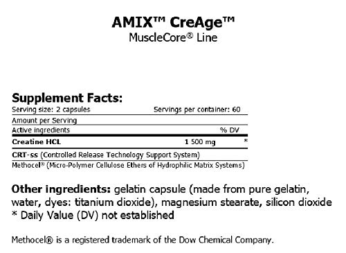 Amix MuscleCore CreAge suplemento alimenticio con alto cocnentrado de creatina HCL, 120 cápsulas