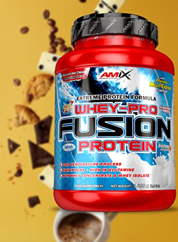 AMIX, Proteína Whey, Pure Fusión, Concentrado de Suero Ultra Filtrado, Sabor moca, chocolate y café, Proteínas para Aumentar Masa Muscula, Proteína Isolada con Splenda, Contiene L-glutamina , 1 Kg