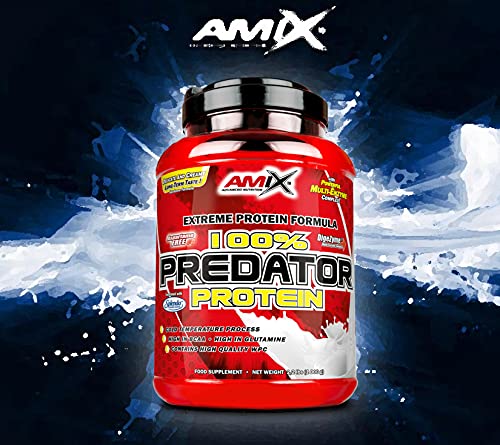 AMIX, Proteínas para Aumentar Masa Muscular con Sabor a Fresa, Predator en Formato Bote de 1 Kg, Ayuda al Crecimiento Muscular, Libre de Aspartamo, Ideal para Batidos de Proteínas