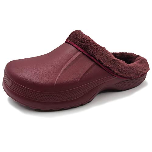 AMOJI Zuecos con Forro de Invierno Zapatos de jardín de Piel Forro de vellón Forro de Ferry Zapatillas Zapatos de casa cálidos Habitación Forro borroso Hombres Mujeres Borgoña 1534 Talla 39 EU