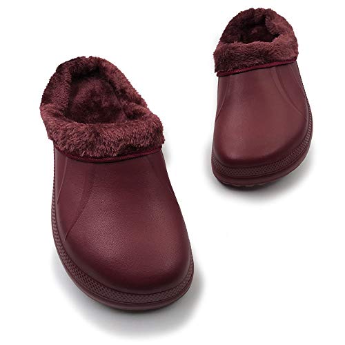 AMOJI Zuecos con Forro de Invierno Zapatos de jardín de Piel Forro de vellón Forro de Ferry Zapatillas Zapatos de casa cálidos Habitación Forro borroso Hombres Mujeres Borgoña 1534 Talla 39 EU