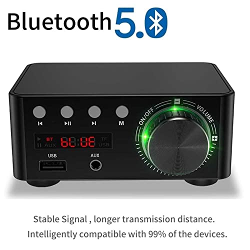 Amplificador de audio, Mini Audio HiFi Bluetooth 5.0 Potencia Clase D Amplificador Amplificador digital 50W * 2 Audio para el hogar Coche Marina USB/AUX