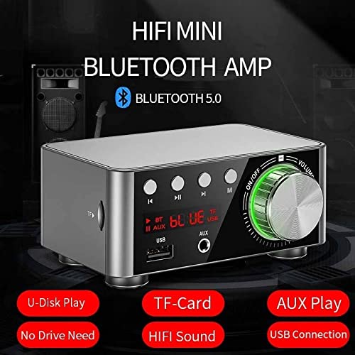 Amplificador de audio, Mini Audio HiFi Bluetooth 5.0 Potencia Clase D Amplificador Amplificador digital 50W * 2 Audio para el hogar Coche Marina USB/AUX