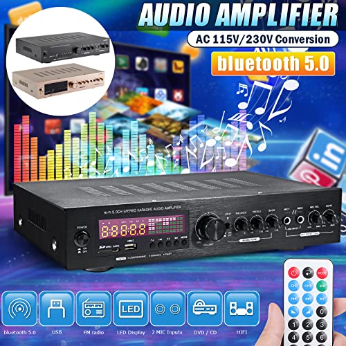 Amplificador de potencia de audio de 220v / 110v Bluetooth 5.0 Amplificador de alta potencia de 5 canales, Amplificador de audio de cine en casa con soporte de control remoto FM USB