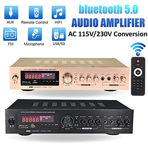 Amplificador de potencia de audio de 220v / 110v Bluetooth 5.0 Amplificador de alta potencia de 5 canales, Amplificador de audio de cine en casa con soporte de control remoto FM USB