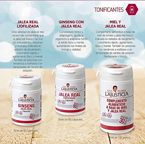 Ana Maria Lajusticia - Jalea real liofilizada – 60 cápsulas. Reduce el cansancio y la fatiga, refuerza el sistema inmunitario. Envase para 60 días de tratamiento.