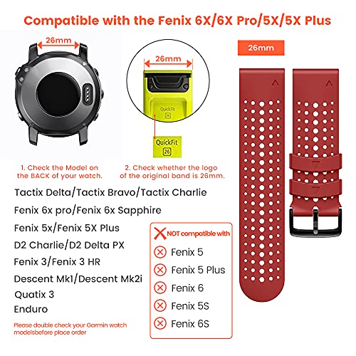 ANBEST Pulsera de Silicona Compatible con Garmin Fenix ​​5X/Fenix 6X Correa, 26mm Correa de Repuesto de Liberación Rápida para Fenix ​​6X Pro/Fenix 5X Plus/Fenix ​​3HR/Fenix ​​3, Rojo/Negro