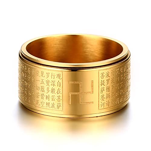 Anillo de acero inoxidable de unión de hombres budistas ZIYUYANGB con caracteres chinos giratorio de doble capa 11 Goldcolor