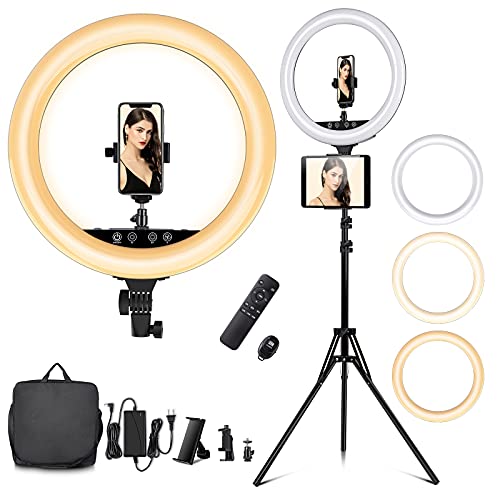 Anillo de luz LED de 18 pulgadas, 55 W, regulable, 2800 – 6000 K, trípode, mando a distancia, Bluetooth, soporte para teléfono móvil, bolsa de transporte para Titok YouTube, Make Up, Vlog Self-Porträt