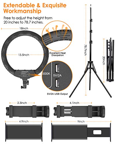 Anillo de luz LED de 18 pulgadas, 55 W, regulable, 2800 – 6000 K, trípode, mando a distancia, Bluetooth, soporte para teléfono móvil, bolsa de transporte para Titok YouTube, Make Up, Vlog Self-Porträt