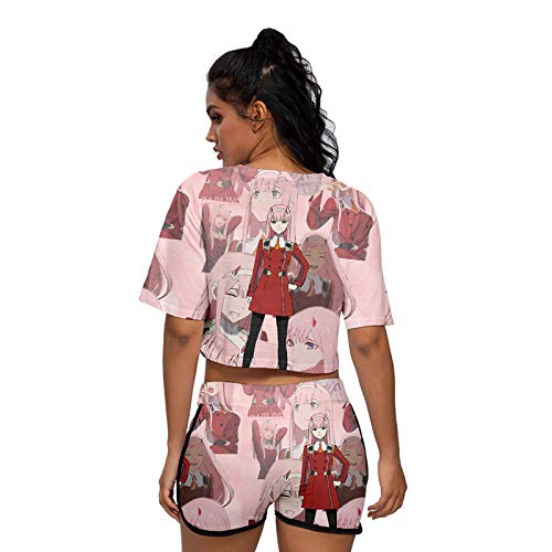 Anime Darling in The Franxx 3D Impreso Camiseta Crop Top y Pantalones Cortos Verano 2 Piezas Outfit Set para Mujer Chicas