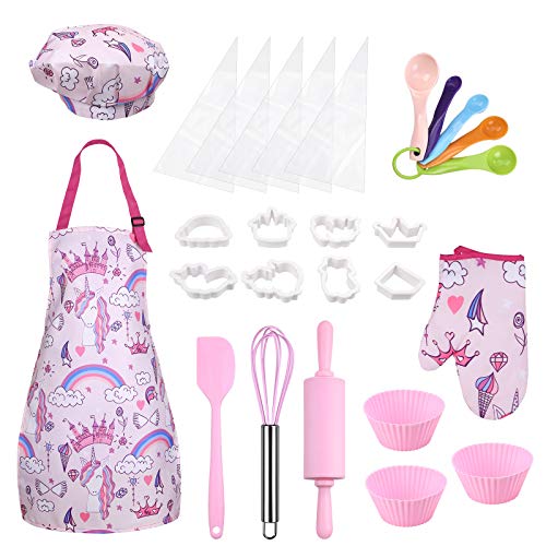 Anpro 27 PCS Kit de Cocina y Horneado para Niños , Juego de Roles para Niños,Chef Set Accesorios de Juego,Regalos para Cumpleaños y Navidad (Rosa, 8-12 años)