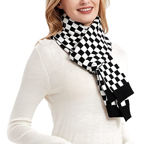 Aodafei Bufandas Mujer Invierno,Cuello Bufanda Mujer de Punto Cuadros Tartan Cálida Cuellos Mujer Bufanda,Tartan Blanco Negro