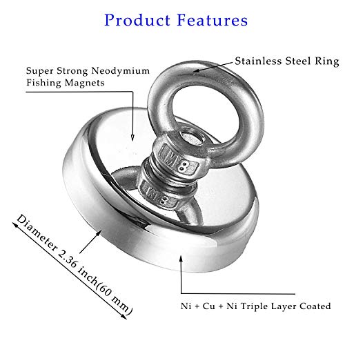Aoligei Super Potente tirar redondo imán de neodimio con avellanado agujero y cáncamo 181kg fuerza de tracción,diámetro 60 mm y 6 mm trenzado cuerda 66 ft perfecto para imán pesca y recuperar Salvage