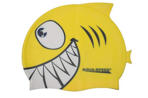 Aqua Speed Shark Gorro de natación + Toalla de Microfibra | niños | Gorras de baño Divertidos| tiburón | Silicona | Tiburón/Amarillo 18