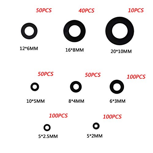 Arandelas de Junta tórica de goma, 500 Piezas Nylon Negro Arandela Plana, hidráulica Juntas con Caja de Plástico, Aislante Redondo Separador para Mecánicas Alambre Enchufe Cable, 8 Tamaños