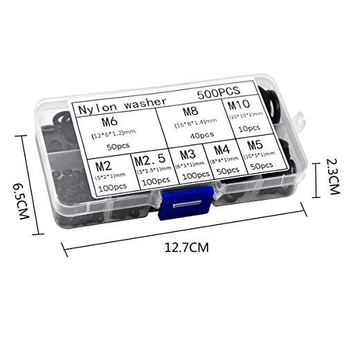 Arandelas de Junta tórica de goma, 500 Piezas Nylon Negro Arandela Plana, hidráulica Juntas con Caja de Plástico, Aislante Redondo Separador para Mecánicas Alambre Enchufe Cable, 8 Tamaños