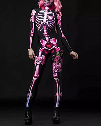 ArcherWlh Holloween,Yoga Pantalones Mujer,2021 Nuevo Mono con Estampado de Esqueleto de Calavera de Halloween-Rosado_L