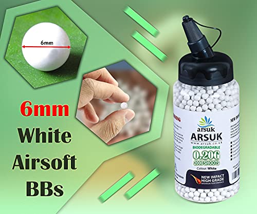 ARSUK Balines de Airsoft, Munición Bolas de Paintball 6mm, 0.20g de Alto Grado Precision de plástico Cantidades; 2000, 4000, 5000, 10,000 Balines(0,20g 2000 Pellets Bio Blanco)