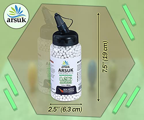 ARSUK Balines de Airsoft, Munición Bolas de Paintball 6mm, 0.20g de Alto Grado Precision de plástico Cantidades; 2000, 4000, 5000, 10,000 Balines(0,20g 2000 Pellets Bio Blanco)