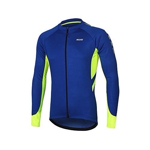ARSUXEO Maillot de Ciclismo para Hombre Camisa de Manga Larga con Cremallera Completa y Bolsillos 6030 Azul L