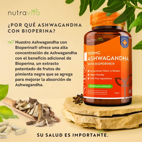 Ashwagandha con Bioperine® Añadido 1100 mg - 120 Cápsulas Veganas - Polvo de Raíz de Ashwagandha Natural de Alta Resistencia - Suplemento de Ashwaganda Apto Para Veganos