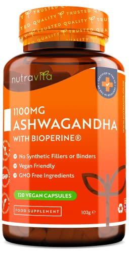 Ashwagandha con Bioperine® Añadido 1100 mg - 120 Cápsulas Veganas - Polvo de Raíz de Ashwagandha Natural de Alta Resistencia - Suplemento de Ashwaganda Apto Para Veganos