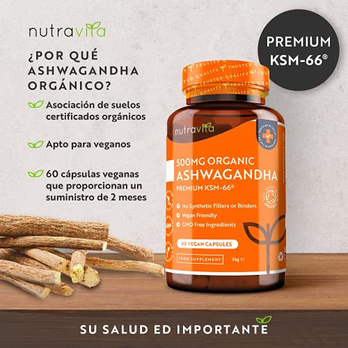 Ashwagandha Orgánica 500mg - Alta Calidad KSM-66® Sin Excipientes - 100% Natural Cápsulas Veganas - Suplemento de Ayurvédico de Withania Somnifera (Ginseng Indio) - Hecho en el RU por Nutravita