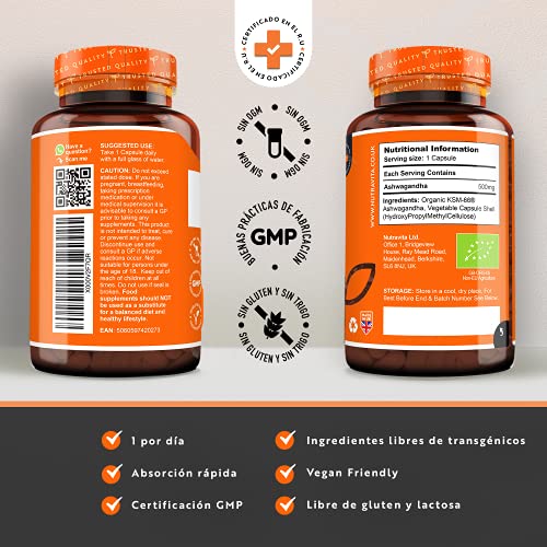 Ashwagandha Orgánica 500mg - Alta Calidad KSM-66® Sin Excipientes - 100% Natural Cápsulas Veganas - Suplemento de Ayurvédico de Withania Somnifera (Ginseng Indio) - Hecho en el RU por Nutravita