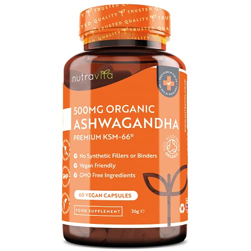 Ashwagandha Orgánica 500mg - Alta Calidad KSM-66® Sin Excipientes - 100% Natural Cápsulas Veganas - Suplemento de Ayurvédico de Withania Somnifera (Ginseng Indio) - Hecho en el RU por Nutravita