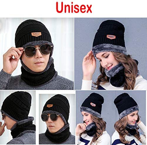 ASYBHYY Gorras Invierno con Bufanda y Guantes Táctiles Antideslizante 3 en 1 de Punto Sombreros para Mujeres y Hombres (Negro, Knitting)