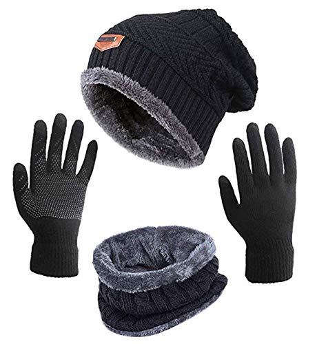 ASYBHYY Gorras Invierno con Bufanda y Guantes Táctiles Antideslizante 3 en 1 de Punto Sombreros para Mujeres y Hombres (Negro, Knitting)