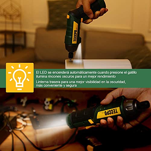 Atornillador Eléctrico 6N.m, TECCPO Destornillador Eléctrico, 45 Accesorios, 9 Torsión Ajustable, 2 Luz LED, Inferior como Linterna, Carga Cable USB-TDSC01P