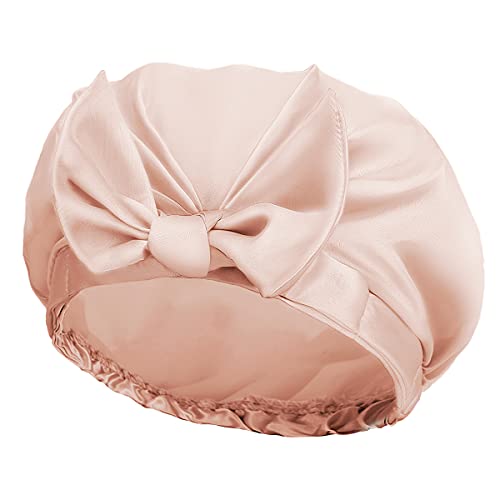 Auban - Gorro de ducha extra grande, doble capa reutilizable con satén sedoso para mujer, baño de belleza, spa, uso en el hogar o en el hotel, color beige