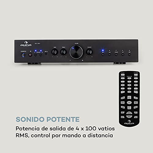 AUNA AV2-CD608BT - Amplificador Audio HiFi Bluetooth estéreo, Potencia de Salida Media de 4 x 100 W, Entrada Digital optica y 4 RCA, Mando a Distancia por Infrarrojos, Negro