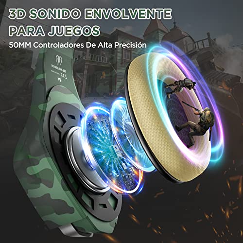 Auriculares Gaming con Micrófono, Cascos Gaming con Nivel de Sonido Envolvente Rico, Orejeras Proteicas y Micrófono Omnidireccional, Color Camuflaje, para PS4 PS5 PC Xbox One Switch