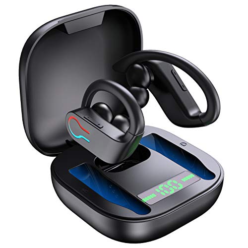 Auriculares Inalambricos Deportivos, Auriculares Bluetooth 5.1 con Micrófono, IP7 Impermeable, Reproducción de 45 Horas, Calidad de Sonido HD, Cascos Inalambricos para Trabajos, Correr, Azul Negro