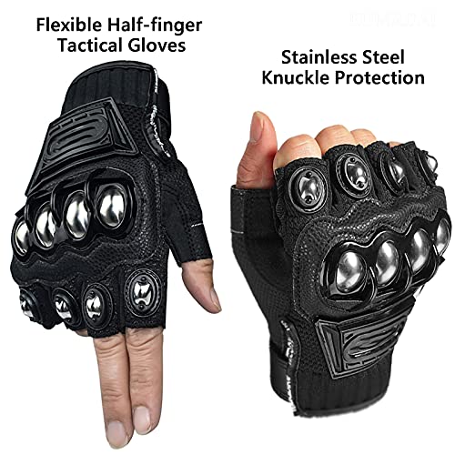 Autodefensa Guantes Moto, Guantes de Boxeo con Puño Americano Acero Real Protector Escudo, Defensa Personal Sin Dedos Guantes Bicicleta Montaña para Moto Verano Ciclismo MTB Tacticos Motocross,Negro,M