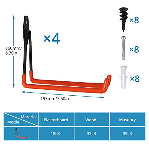 AUTOUTLET 4X Práctico Gancho Doble, Almacenamiento de Garaje de Acero empaquetado, Soporte de Cubo de Alta Resistencia para artículos a Granel, Bicicletas, Cuerdas, escaleras, etc.