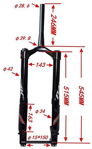 AWJ MTB Horquilla de suspensión neumática Horquilla de suspensión de Bicicleta Amortiguador de Aire de 26 Pulgadas Horquilla Invertida de Bicicleta MTB Tubo cónico 1-1/2"Carrera 160 mm E