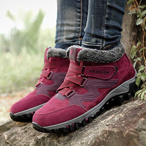 BaiMoJia Botas de Senderismo Nieve Mujer Cálidas Invierno Piel Forro Zapatillas de Senderismo Hombre Zapatos Trekking Rojo 38 EU (Etiqueta 39)