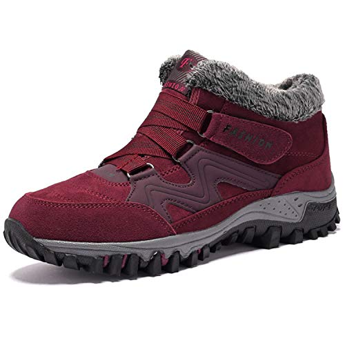 BaiMoJia Botas de Senderismo Nieve Mujer Cálidas Invierno Piel Forro Zapatillas de Senderismo Hombre Zapatos Trekking Rojo 38 EU (Etiqueta 39)