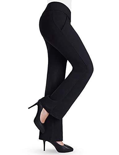 Bamans Pantalones Elegantes Mujer, Elásticos Ligeramente Acampanado Slim Pantalón para Yoga Deporte con Bolsillos Cintura Alta, Largos Casual Pantalones (Negro, Medium)