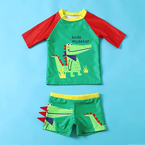 Bañador para Niños Pequeños 2 Piezas Traje de Natación Verano Camiseta de Manga Corta Pantalones Cortos Ropa de Baño con Estampado de Dibujos Animados (Verde, 3-4 Años)