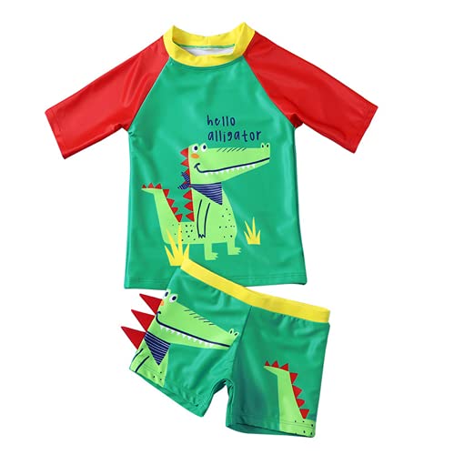 Bañador para Niños Pequeños 2 Piezas Traje de Natación Verano Camiseta de Manga Corta Pantalones Cortos Ropa de Baño con Estampado de Dibujos Animados (Verde, 3-4 Años)